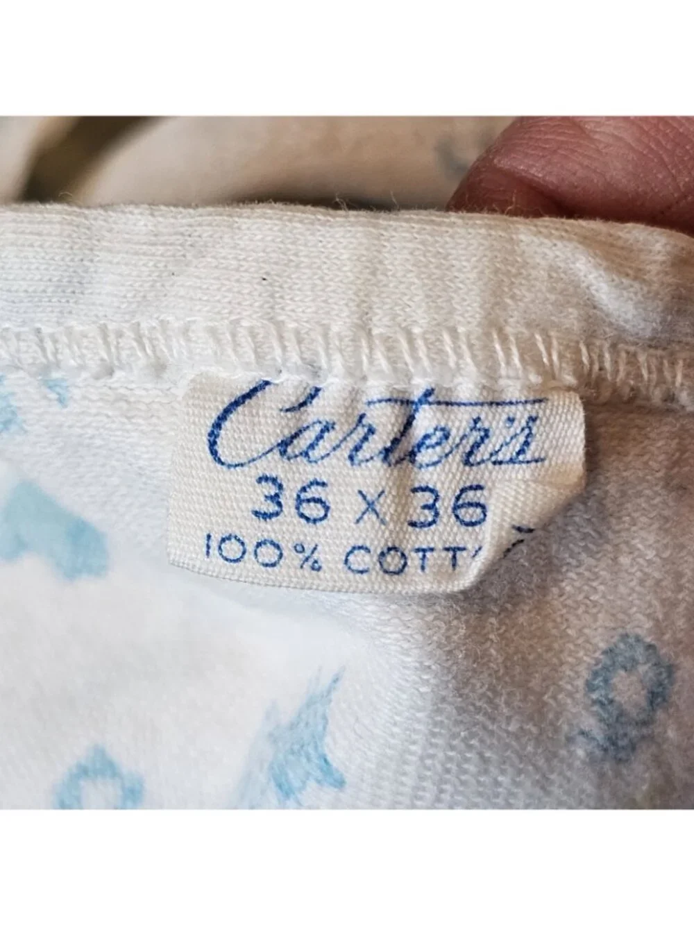 VTG Carters Baby Blanket‎ White Blue Critters Pastel Cat Bear Soft Cotton 36x36